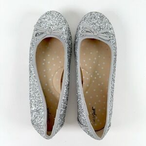 Cat & Jack Girls Silver Glitter Ballet Flats Bow Sparkly Kids Shoes Size 4‎